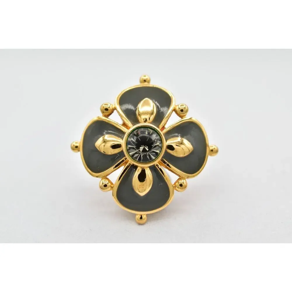 Joan Rivers Vintage Flower Clip On Earrings Gray Enamel Crystal Signed 90s BinBK